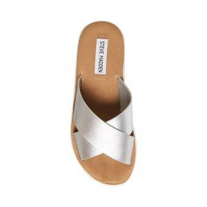 NEW SteveMadden PERCY SILVER LEATHER SLIDE SANDAL